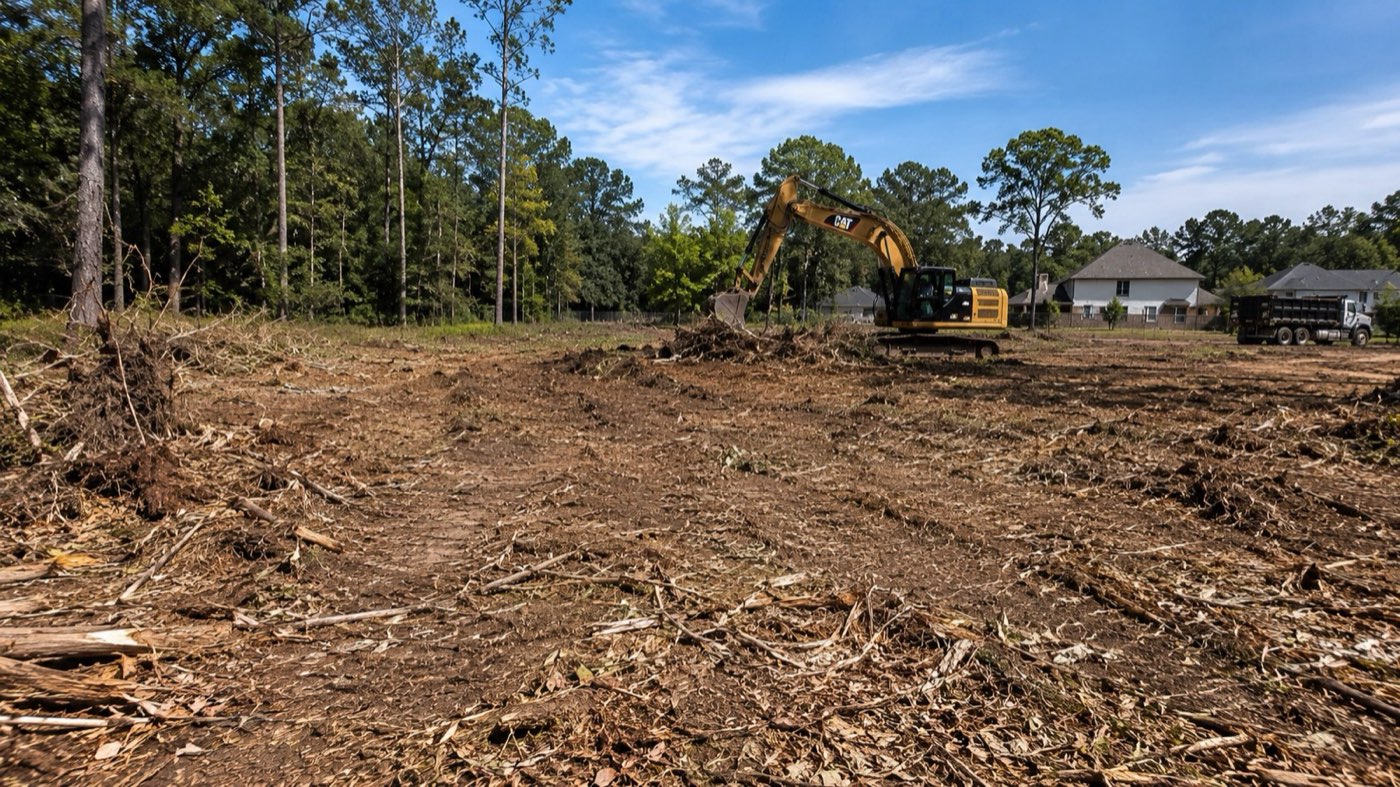 Freshly cleared Texas acreage with brush piles and a dozer at work &mdash; cover image for the 2026 land clearing cost guide