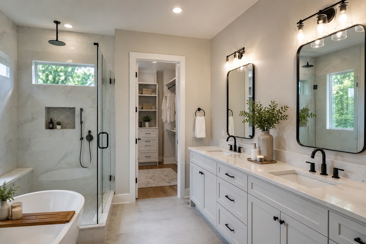 Master bathroom remodel with walk-in shower, freestanding tub, double vanity, and marble-look tile &mdash; example of a master bath scope in Greater Houston