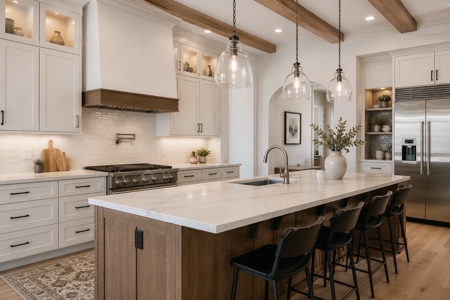 Featured Greater Houston kitchen remodel with white shaker cabinets, marble island, wood ceiling beams, glass pendant lighting, stainless gas range, and oak hardwood floors