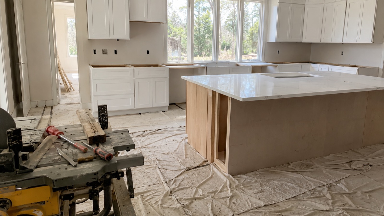 Texas kitchen mid-remodel in Magnolia with white shaker cabinets and quartz countertops being installed &mdash; cover image for the Magnolia kitchen remodel guide