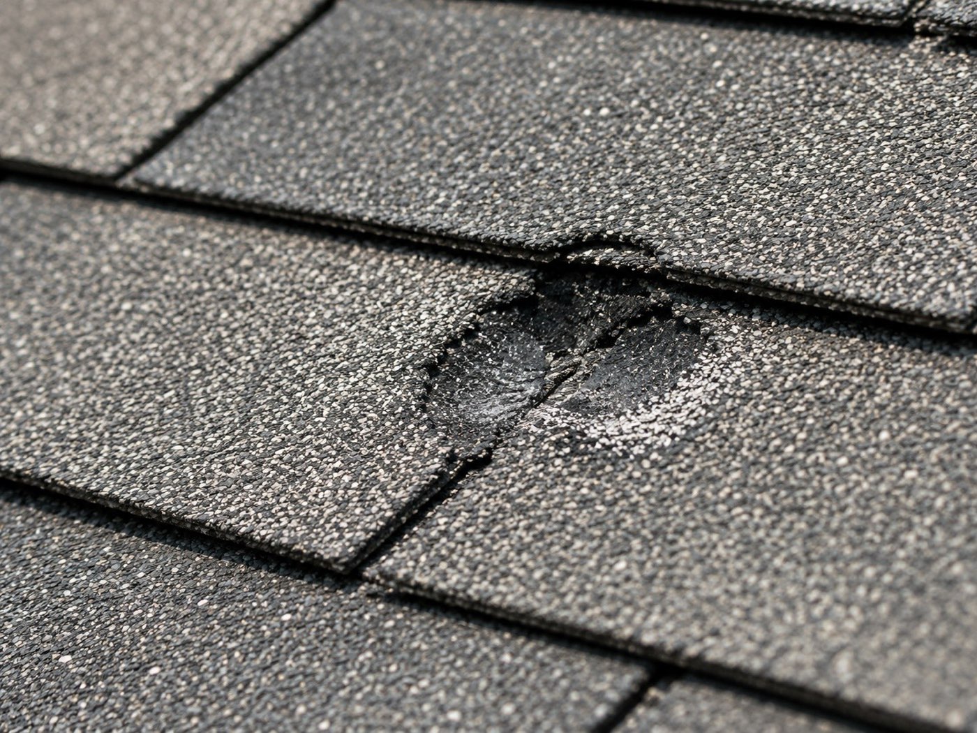 Close-up of hail-damaged asphalt shingles on a Texas roof showing a round bruise where granules have been knocked off, exposing the underlying mat