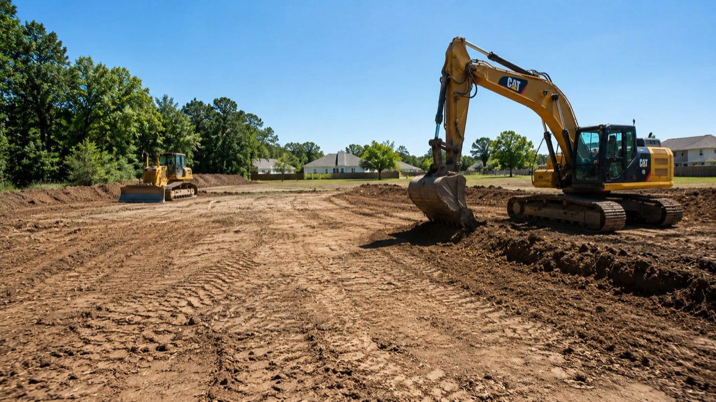 Commercial jobsite with graders and excavators shaping a building pad &mdash; cover image for the site grading vs excavation guide